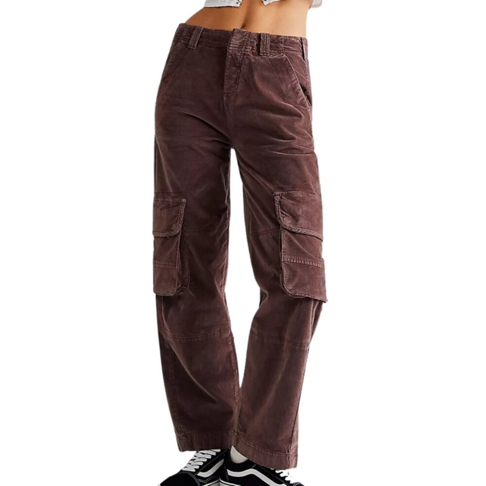 NEW Free People Hard Crushin' Plush Cargo Pants in Chocolate Merlot for women j